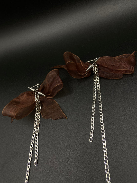 Brown bow chain earrings