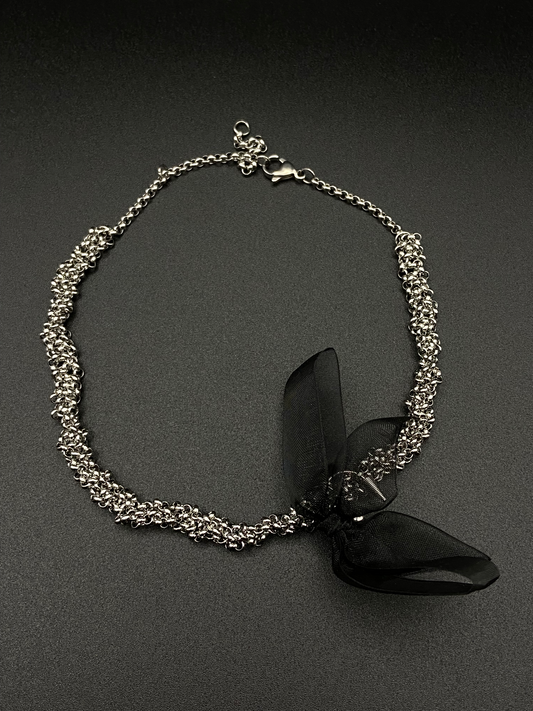 Stainless Steel Chain Choker with Black Bow