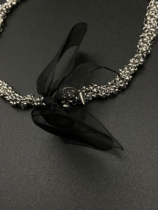 Stainless Steel Chain Choker with Black Bow