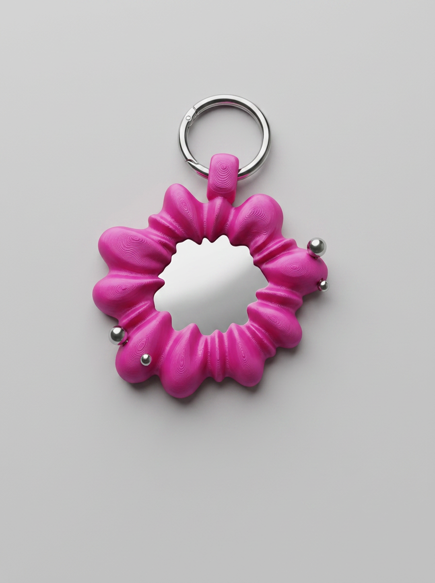 Pink scrunchie keychain with silver beads on a gray background