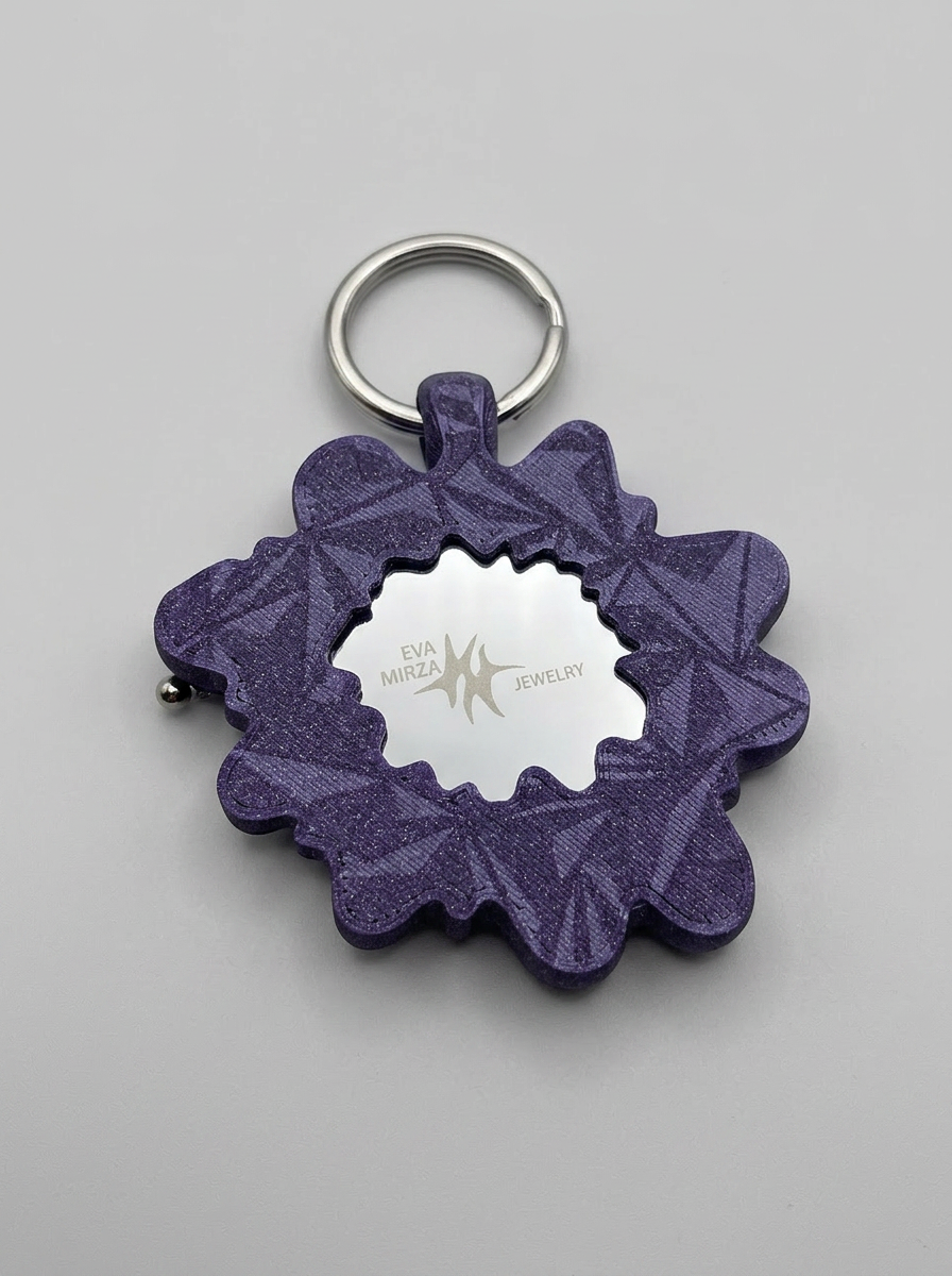 Purple floral-patterned keychain with a silver ring on a gray background
