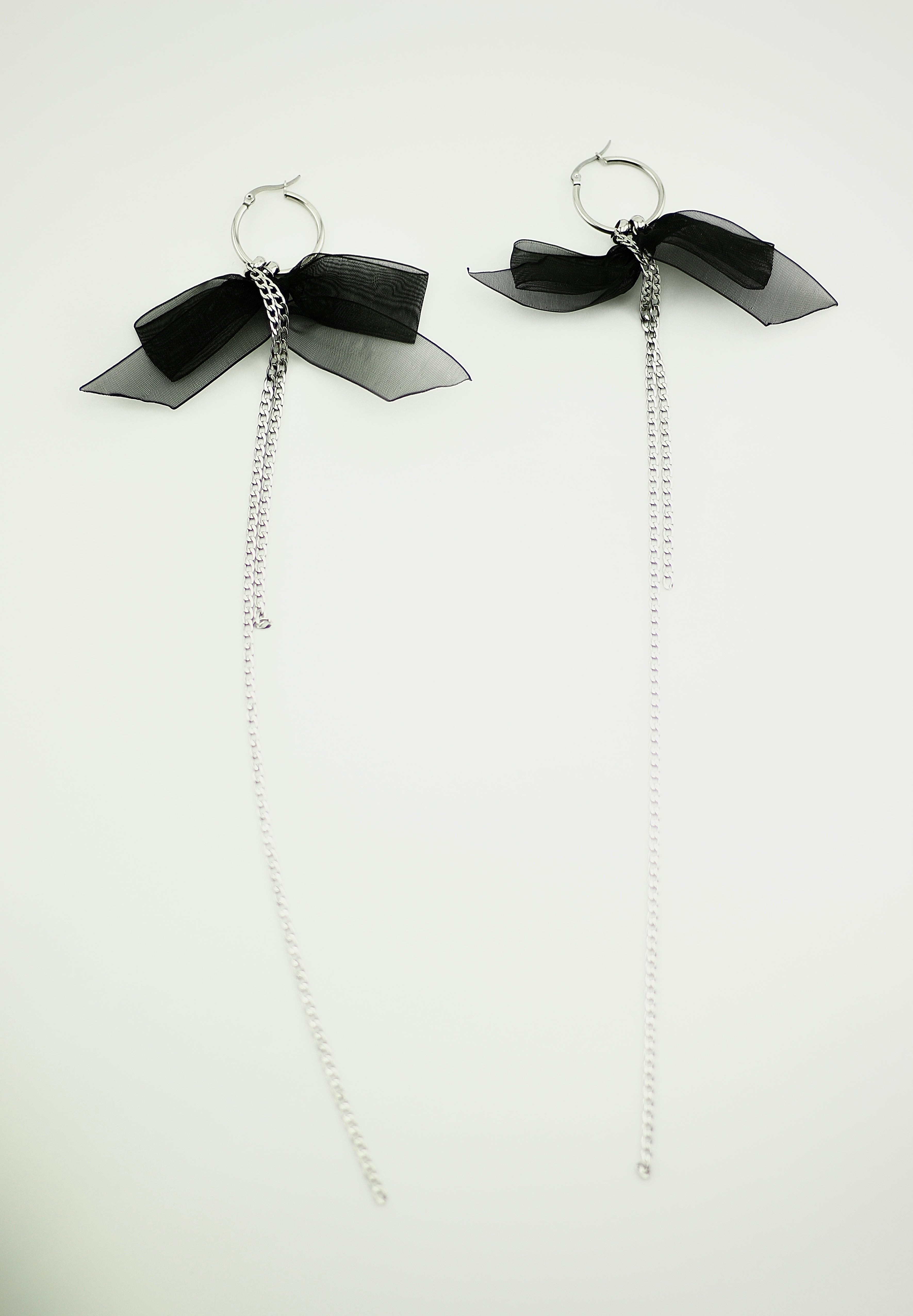 stainless steel black bow cute long playful chain hoop earrings